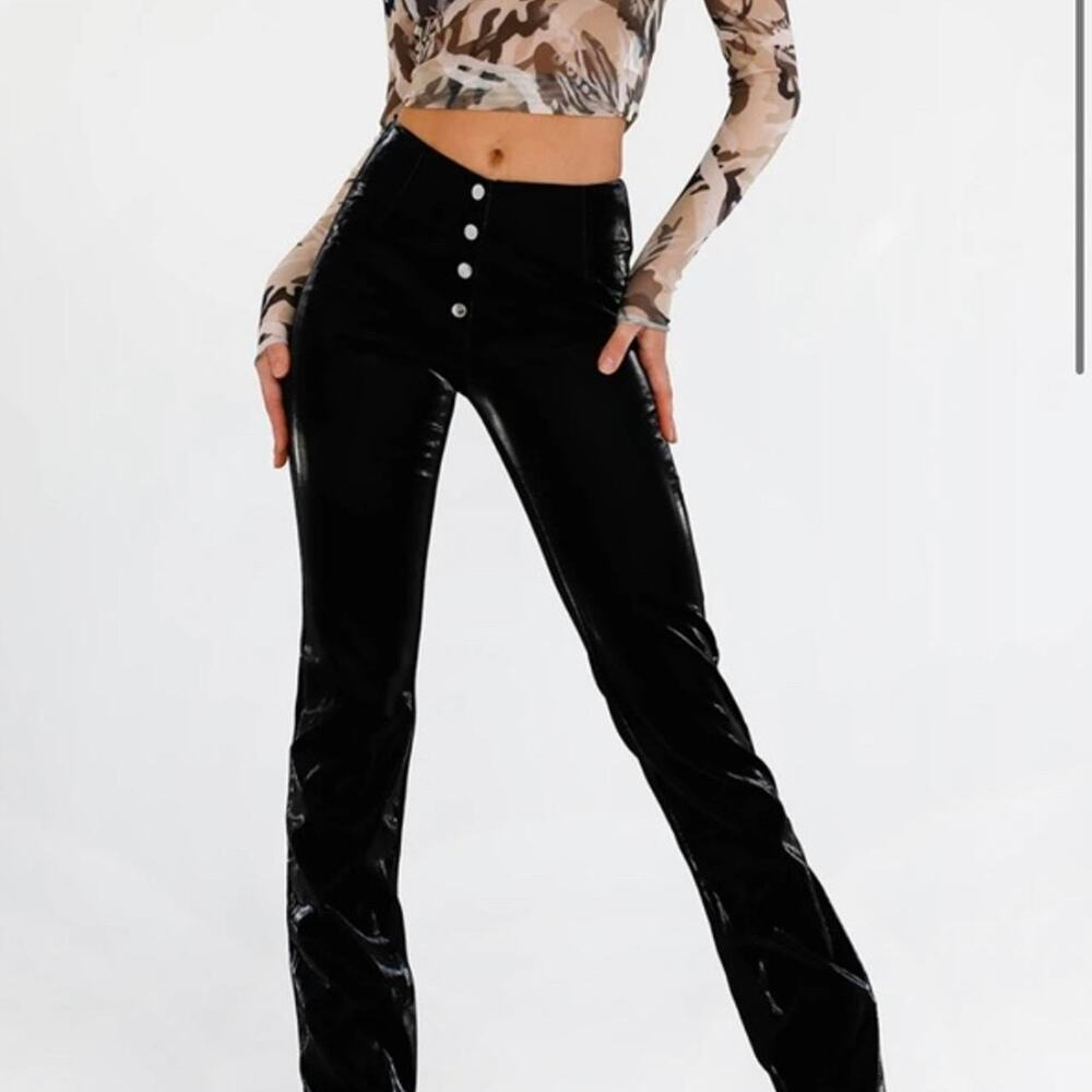 I Am GIA Castor PVC Vinyl Pants Snap Button Fly High Waist Bootcut Black Size M